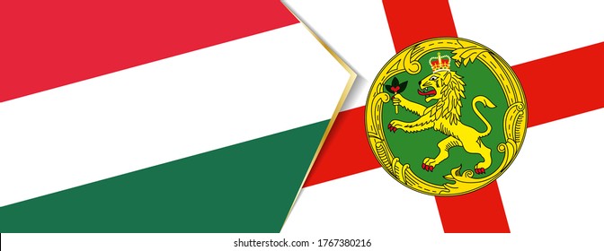 Hungary and Alderney flags, two vector flags symbol of relationship or confrontation.
