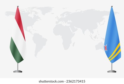 Hungary and Aruba flags for official meeting against background of world map.