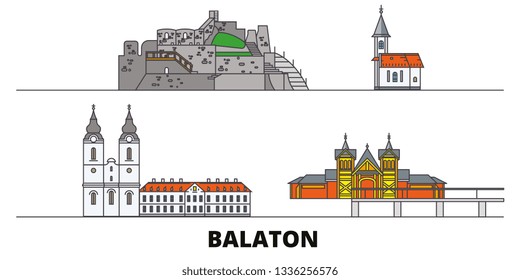 Hungary, Balaton flat landmarks vector illustration. Hungary, Balaton line city with famous travel sights, skyline, design. 