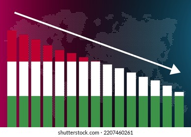 Hungary bar chart graph, decreasing values, crisis and downgrade concept, Hungary flag on bar graph, down arrow on data, news banner idea, fail and decrease, financial statistic