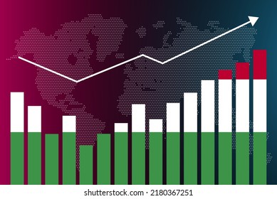 Hungary bar chart graph with ups and downs, increasing values, Hungary country flag on bar graph, upward rising arrow on data, news banner idea, developing country concept