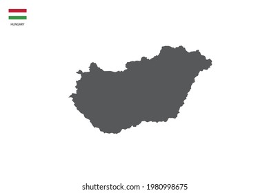 Hungary black shadow map isolated on white background with Hungary icon flag on the left corner.