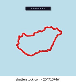 Mapa de esquema en negrita de Hungría. Borde rojo brillante con sombra suave. Placa de nombre de país. Ilustración vectorial.
