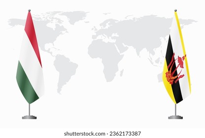 Hungary and Brunei flags for official meeting against background of world map.