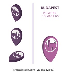 Hungary Budapest 3D vector logo set. Isometric map pin, geolocation pointer, modern skyline icon, concept, isolated graphic