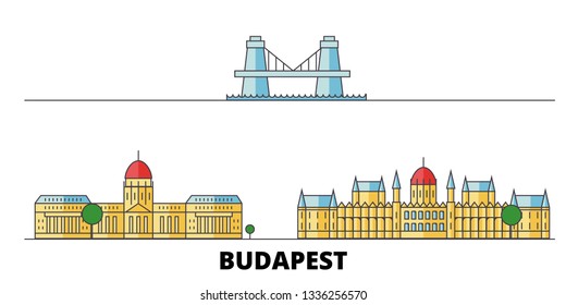 Hungary, Budapest flat landmarks vector illustration. Hungary, Budapest line city with famous travel sights, skyline, design. 