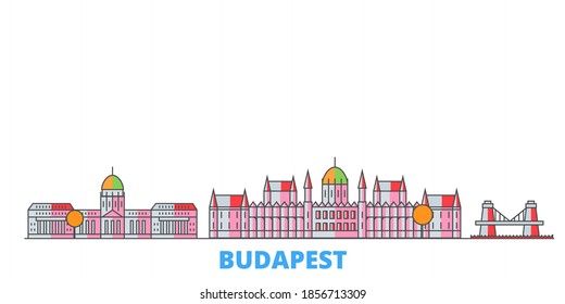 Ungarn, Budapest Linie Stadtlandschaft, flacher Vektor. Sehenswürdigkeiten der Stadt, Kulturerbe, Linienweltsymbole