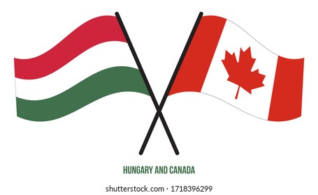 Hungary and Canada Flags Crossed And Waving Flat Style. Official Proportion. Correct Colors.