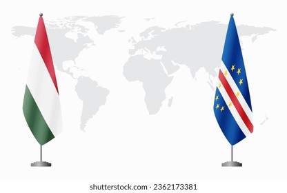 Hungary and Cape Verde flags for official meeting against background of world map.