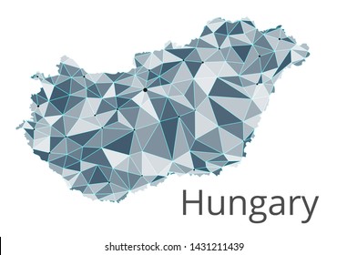 Hungary communication network map. Vector low poly image of a global map with lights in the form of cities in or population density consisting of points and shapes and space. Easy to edit