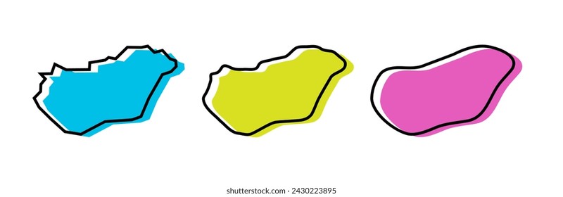 Hungary country black outline and colored country silhouettes in three different levels of smoothness. Simplified maps. Vector icons isolated on white background.