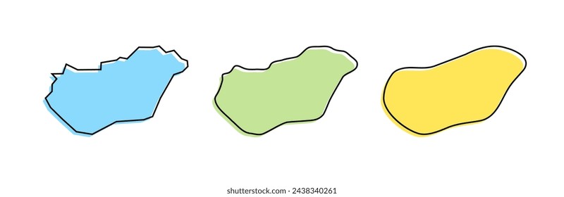 Contorno negro del país de Hungría y siluetas de país coloreadas en tres niveles diferentes de suavidad. Mapas simplificados. Iconos vectoriales aislados sobre fondo blanco.