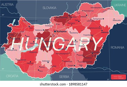 Hungary country detailed editable map with regions cities and towns, roads and railways, geographic sites. Vector EPS-10 file