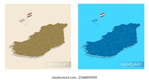 Hungary country flag installed on geographic positioning map point of country territory. Hungarian commonwealth banner on land and sea. Festive patriotic HD format template for independence day