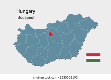 Hungary country - high detailed illustration map divided on regions. Blank Ireland map isolated on background. Vector template city Budapest county for website, pattern, infographic, education