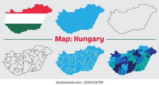 Hungary country map set. internal provinces borders marked, Simple map of Hungary vector drawing, Filled and outline.