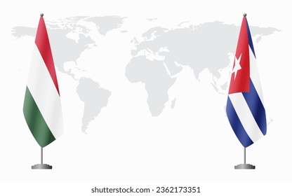 Hungary and Cuba flags for official meeting against background of world map.