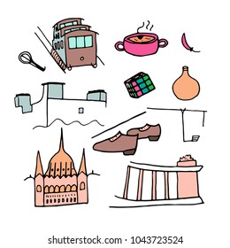 Hungary culture and architecture isolated icons. Handdrawn vector clipart.