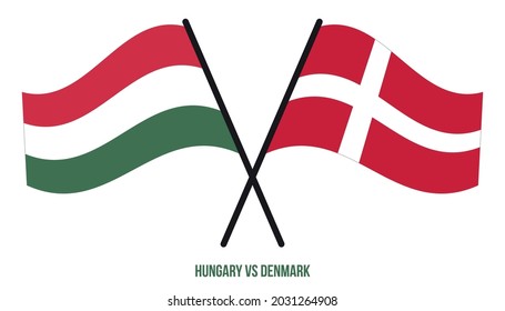 Hungary and Denmark Flags Crossed And Waving Flat Style. Official Proportion. Correct Colors.