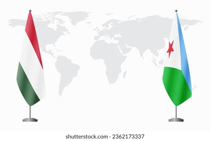 Hungary and Djibouti flags for official meeting against background of world map.