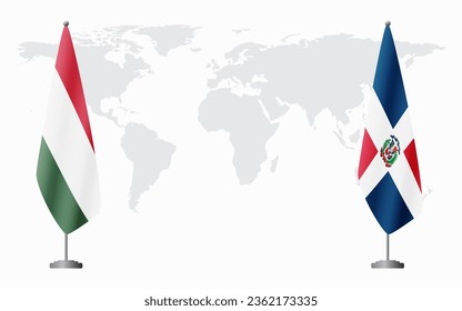 Hungary and Dominican flags for official meeting against background of world map.