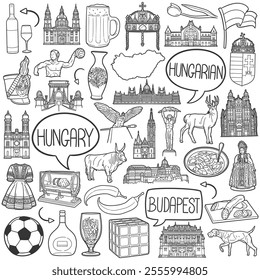 Hungary Doodle Icons Black and White Line Art. Hungarian Clipart Hand Drawn Symbol Design.