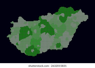 Hongarije gestippelde kaart. Digitale stijlkaart van het land op een donkere achtergrond. Hongarije vorm met cirkelvormige stippen. Gekleurde stippen stijl. Kleine cirkels. Eenvoudige vectorillustratie.