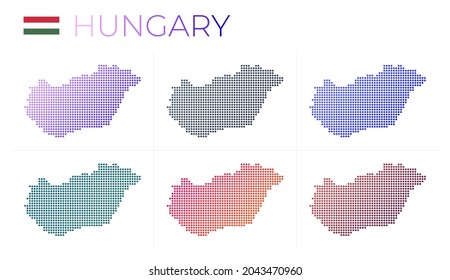 Mapa de puntos de Hungría. Mapa de Hungría con un estilo punteado. Las fronteras del país están llenas de hermosos círculos de gradientes lisos. Ilustración vectorial cautivadora.