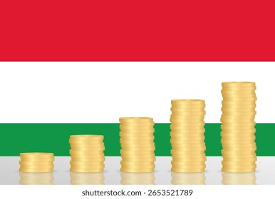 Hungria Economy. Bandeira da Hungria com Pilha de Moedas. Conceito financeiro e de investimento. Ilustração de vetor.  