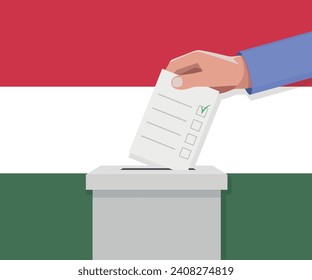Hungary election concept. Hand puts vote bulletin into vote box.