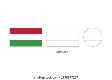 Hungary flag 3 versions, Vector illustration, Thin black line of rectangle and the circle on white background.