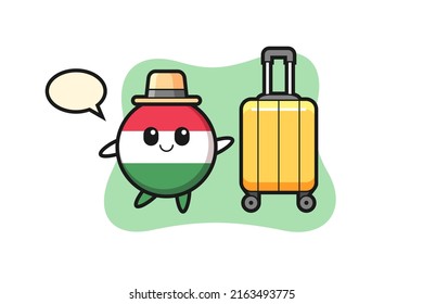 hungary flag badge cartoon illustration with luggage on vacation , cute style design for t shirt, sticker, logo element