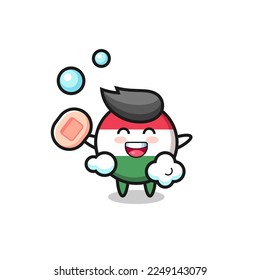 el personaje de la insignia de la bandera húngara se baña mientras sostiene jabón, diseño de estilo lindo para camiseta, pegatina, elemento logo