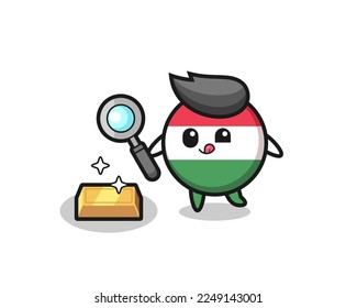 hungary flag badge character is checking the authenticity of the gold bullion , cute style design for t shirt, sticker, logo element