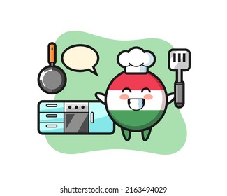 hungary flag badge character illustration as a chef is cooking , cute style design for t shirt, sticker, logo element