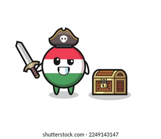 the hungary flag badge pirate character holding sword beside a treasure box , cute style design for t shirt, sticker, logo element