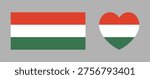 Hungary flag badges, stickers. Set of Hungarian flag rectangle, heart shaped icons. Rectangular, heart flags of Hungary buttons, banners.