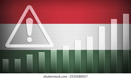 Hungary flag with burlap texture, warning sign, and rising bar chart symbolizing increasing risk or growth challenges in the country. Ideal for data presentations.