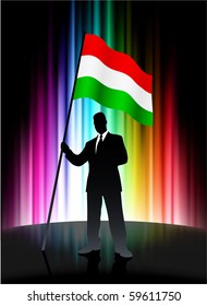 Hungary Flag with Businessman on Abstract Spectrum Background Original Illustration