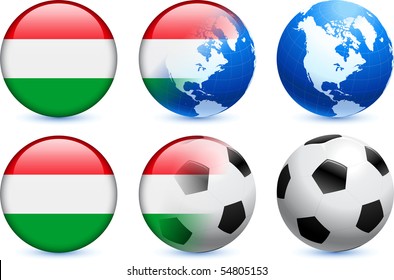 Botón de bandera de Hungría con evento de fútbol global Ilustración original