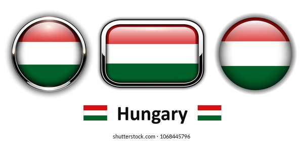 Hungary flag buttons, 3d shiny vector icons.