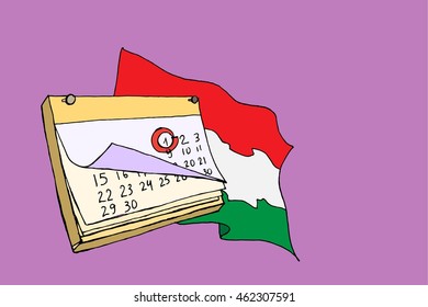 Hungary Flag and calendar. Budapest National day. Hungary National day. Hand drawn vector stock illustration.  