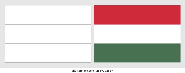 Hungary flag - coloring page. Set of white wireframe thin black outline flag and original colored flag.