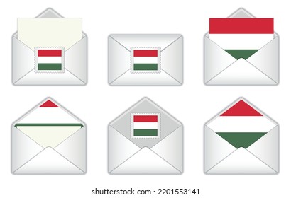 Hungary flag in the envelope. Hungarian
 stamp flag. Opened, closed Hungarian letter, isolated on white background.