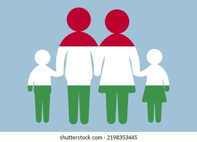 Hungary flag with family concept, vector element, parent and kids holding hands, immigrant idea, happy family with Hungary flag, flat design asset