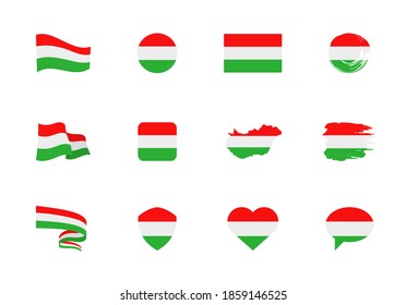 Hungary flag - flat collection. Flags of different shaped twelve flat icons. Vector illustration set