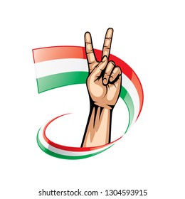 Hungary flag and hand on white background. Vector illustration