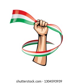 Hungary flag and hand on white background. Vector illustration