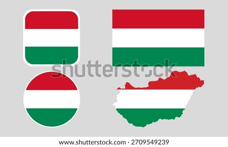 Hungary Flag Icon Set in Square, Round, and Map Shapes. Clean Modern Collection. Perfect for use in apps, websites, presentations, infographics, educational materials, travel content.	