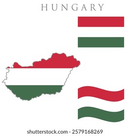 hungary flag illustration . Set of hungary flags, in different styles - , waving flag , and map design. Represents the state of hungary .Hungary  Map